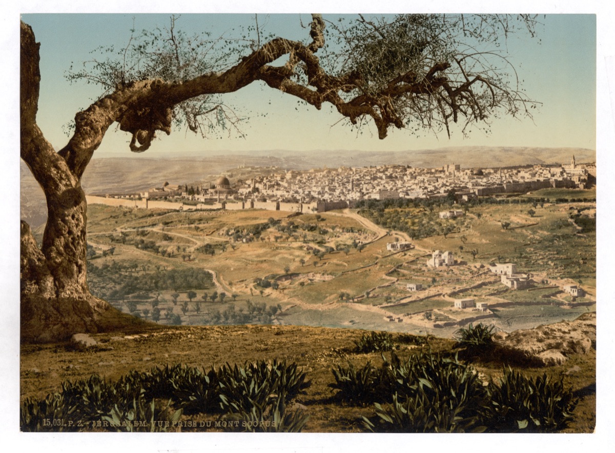 Late-Ottoman-period photograph of Jerusalem from Mount Scopus, by the French photographer Félix Bonfils of Beirut, c.1890. The Old City and the surrounding Judean hills are largely empty of building.