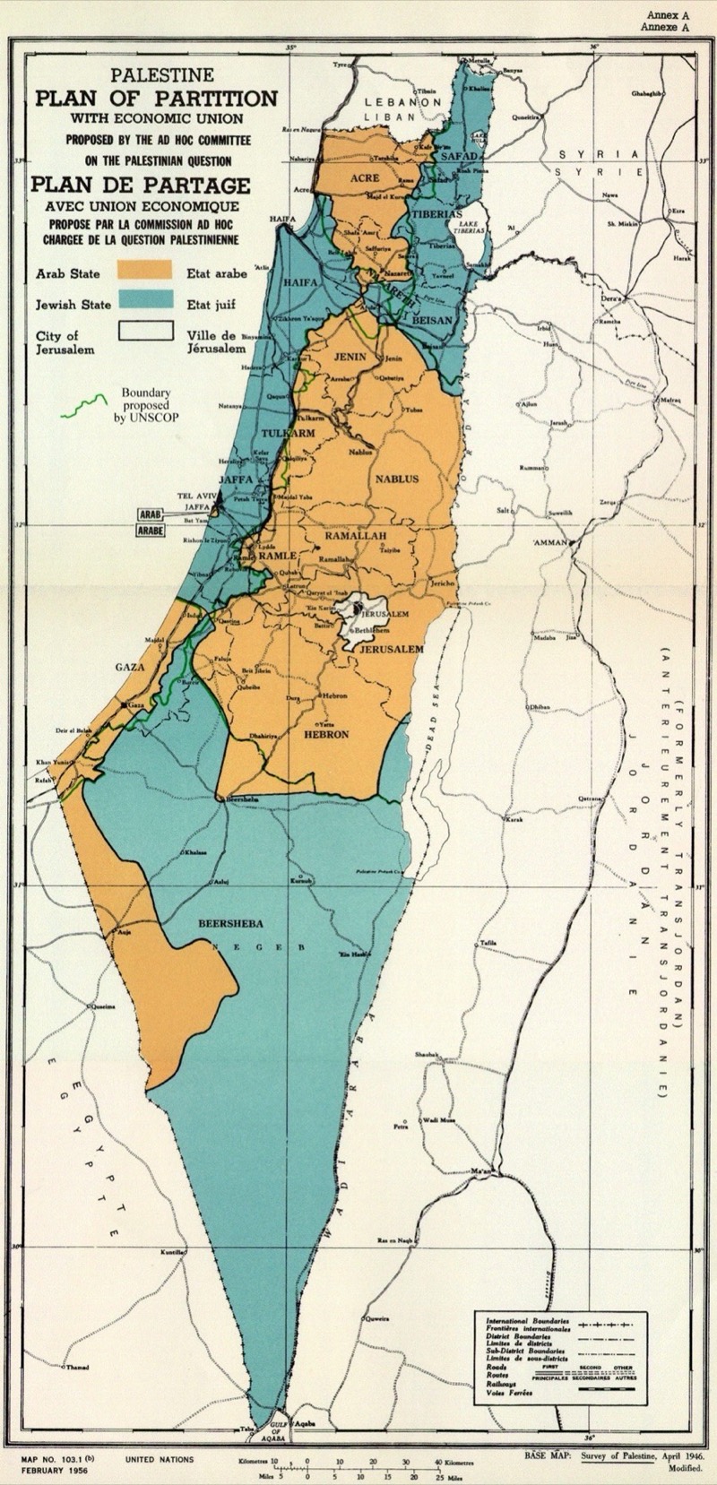 Map of the UN Partition Plan for Palestine, General Assembly Resolution 181 of 29 November 1947, showing the proposed Jewish state in beige, the Arab state in green, and Jerusalem ringed as an international corpus separatum.