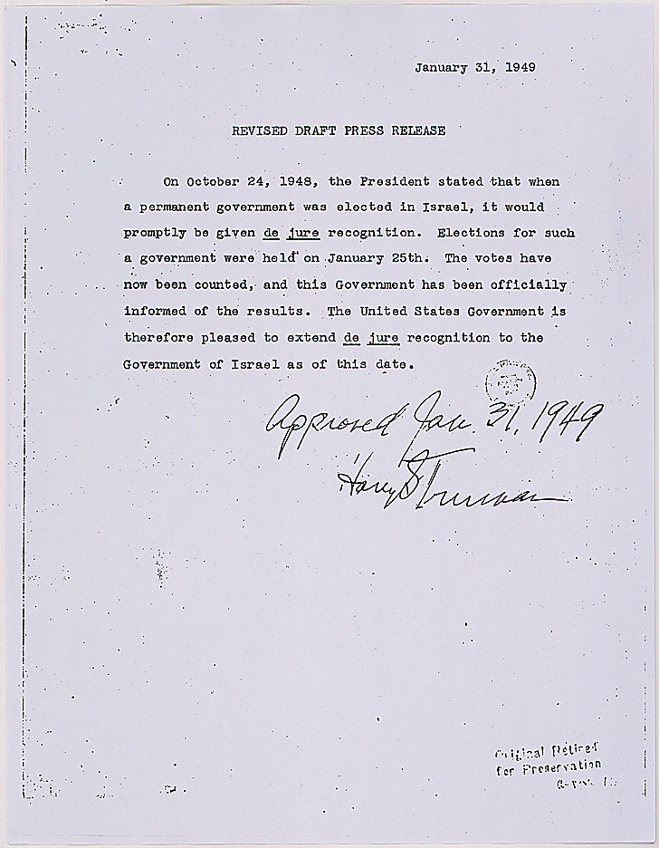A typed United States Department of State press release dated 31 January 1949, announcing the de jure recognition by the United States of the State of Israel. Single page, on State Department letterhead, signed by Acting Secretary James E. Webb.